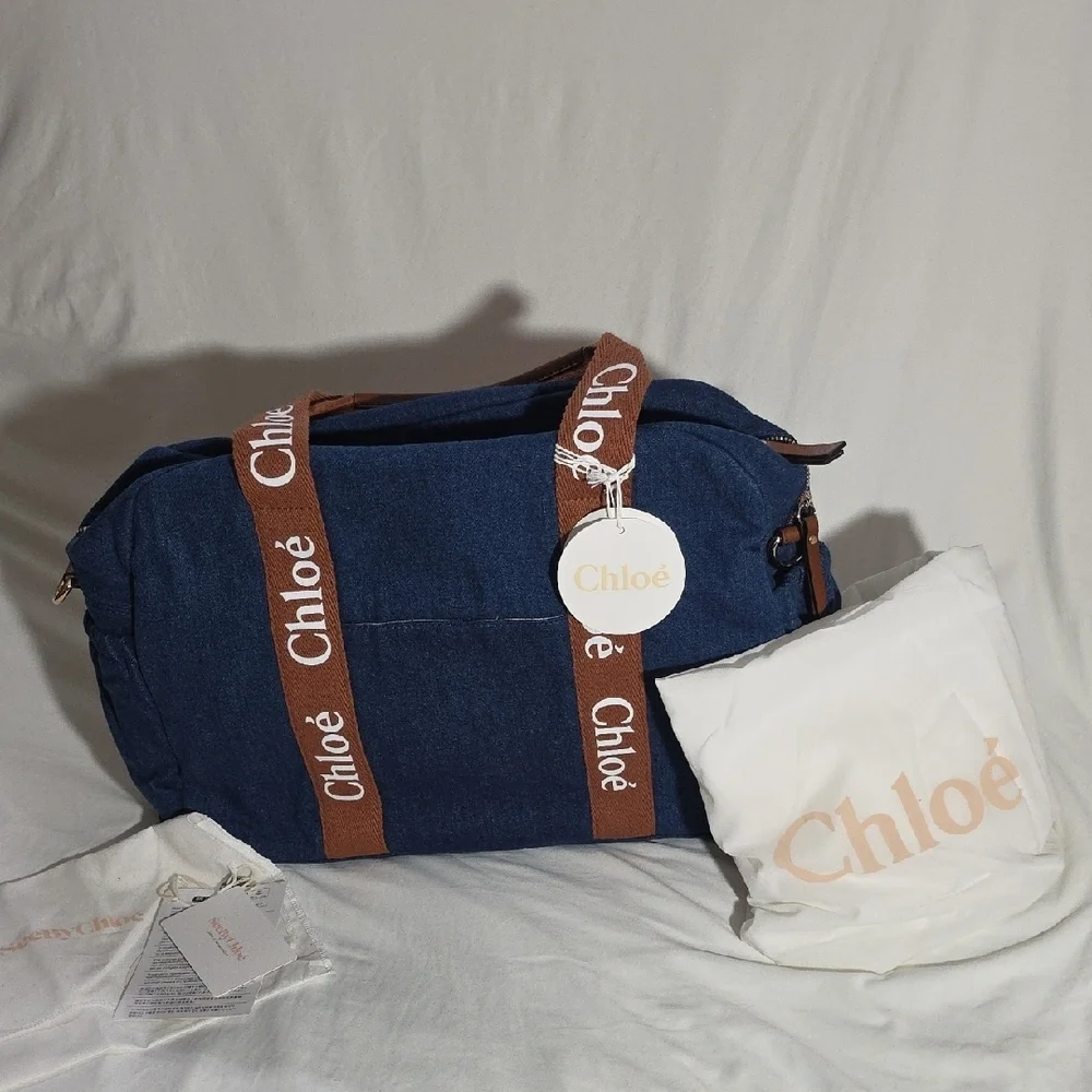 NWT Chloé Denim Blue Logo Baby Changing Diaper Bag Set Authentic